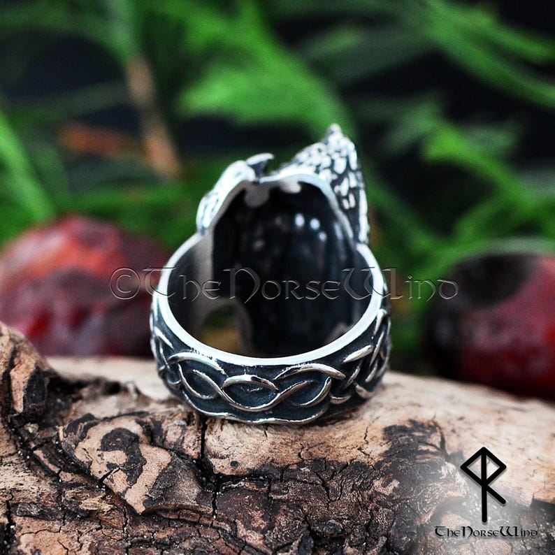 Odin and Ravens Viking Ring | Handcrafted Norse Raven Ring with Celtic Knotwork | Solid Stainless Steel Norse Jewelry for Men