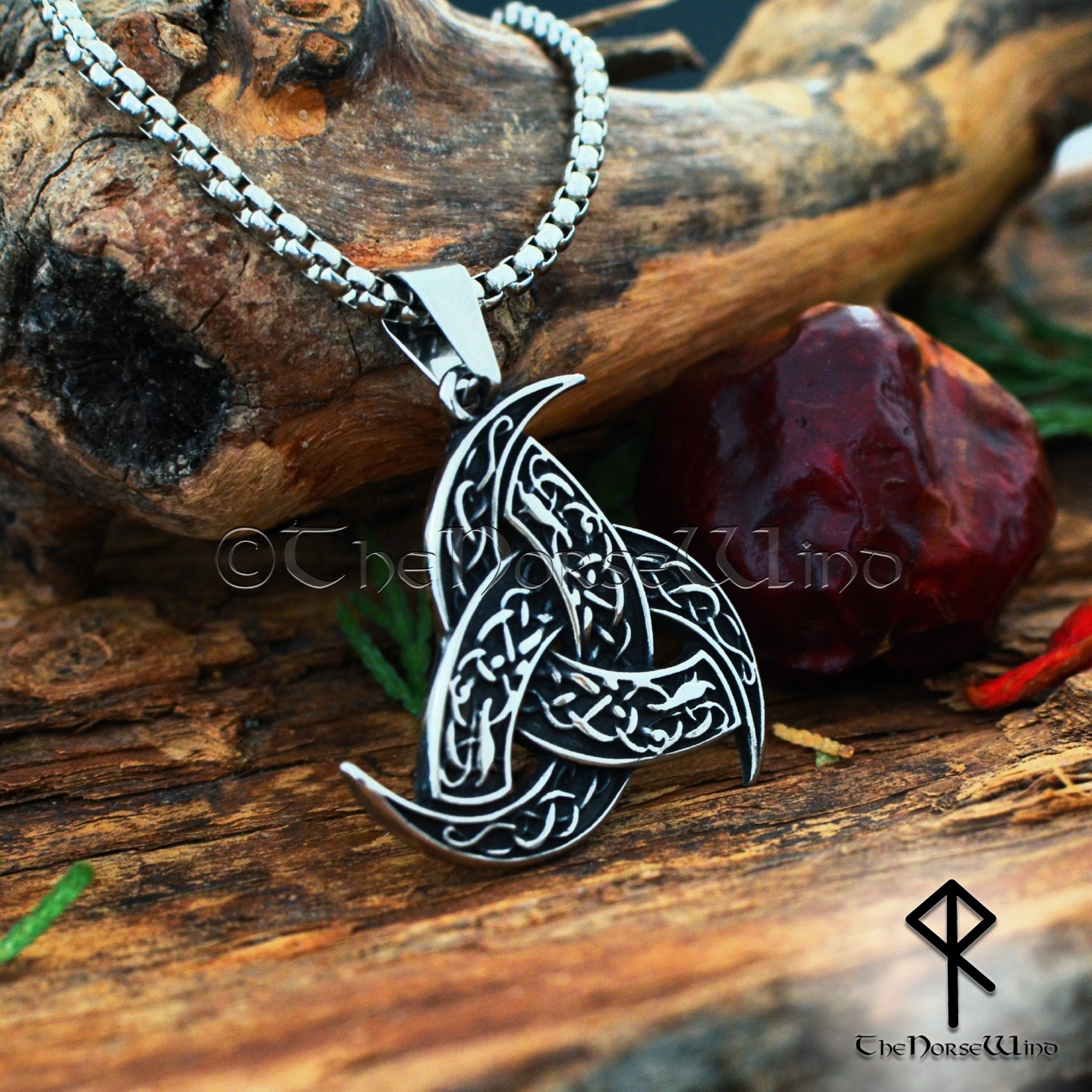 Collana vichinga con ciondolo in acciaio inossidabile con triplo corno di Odino, amuleto norreno con nodo della Trinità in argento o oro, gioielli vichinghi, mitologia norrena - Italia