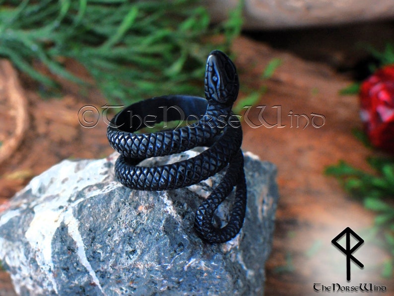 K&ouml;nnte beinhalten: Schwarzer Schlangenring mit strukturierter Oberfl&auml;che. Die Schlange ist um den Ringband gewickelt. Der Ring liegt auf einem grauen Stein.