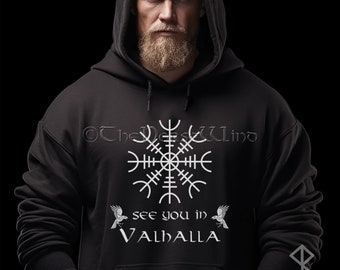 Viking Hoodie Helm of Awe Aegishjalmur Runes Sweatshirt, See You in Valhalla Unisex Hooded Pullover, Viking Clothing, Norse Mythology, S-5XL