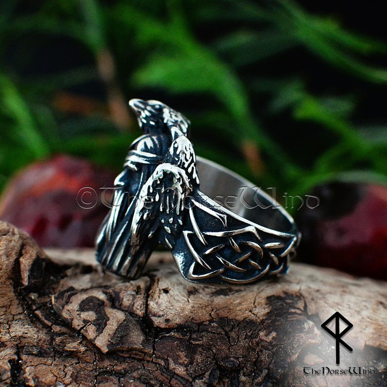 Odin and Ravens Viking Ring | Handcrafted Norse Raven Ring with Celtic Knotwork | Solid Stainless Steel Norse Jewelry for Men