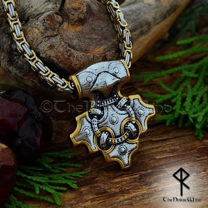 Viking Thor&#39;s Hammer Raven Necklace, Norse Mjolnir Pendant in Silver & Gold, Viking Jewelry, Strength Amulet Norse Mythology