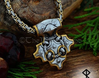 Viking Thor's Hammer Raven Necklace, Norse Mjolnir Pendant in Silver & Gold, Viking Jewelry, Strength Amulet Norse Mythology