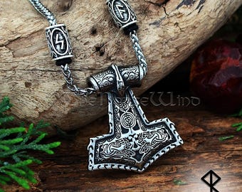 Viking Thor's Hammer Necklace, Stainless Steel Mjolnir Pendant, Custom Runes and Celtic Knotwork , Viking Jewelry, Norse Mythology
