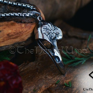 Viking Raven Skull Necklace with Vegvisir Symbol, Hugin and Munin Viking Compass Pendant, Stainless Steel Viking Jewelry, Norse Mythology