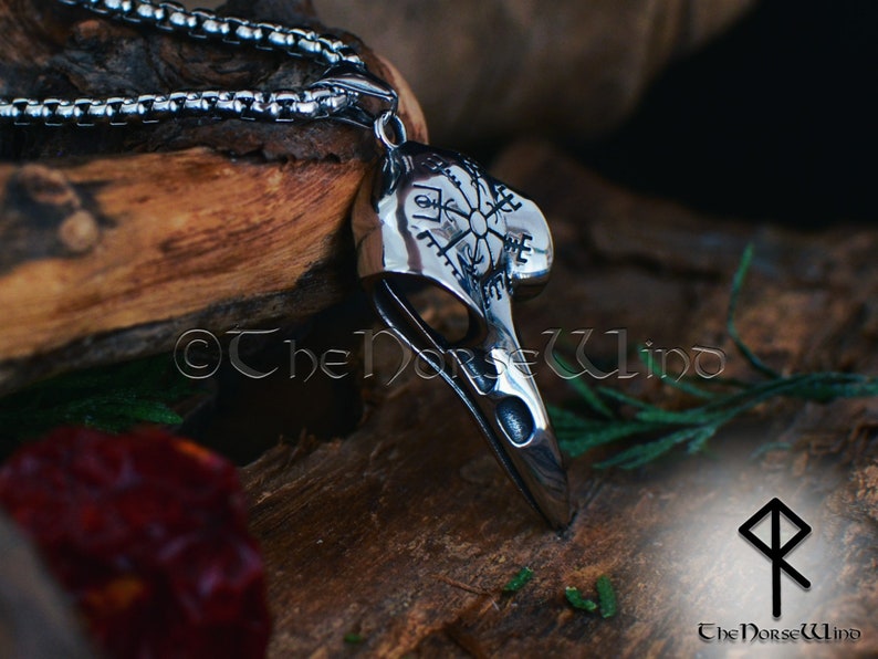 Viking Raven Skull Necklace with Vegvisir Symbol, Hugin and Munin Viking Compass Pendant, Stainless Steel Viking Jewelry, Norse Mythology