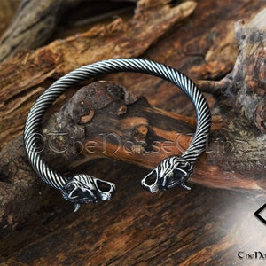 Viking Bracelet, Fenrir Wolf Head Arm Ring, Steel Viking Torque, Viking Wolf Torc, Norse Ragnar Bracelet, Norse Mythology, Viking Jewelry image 3