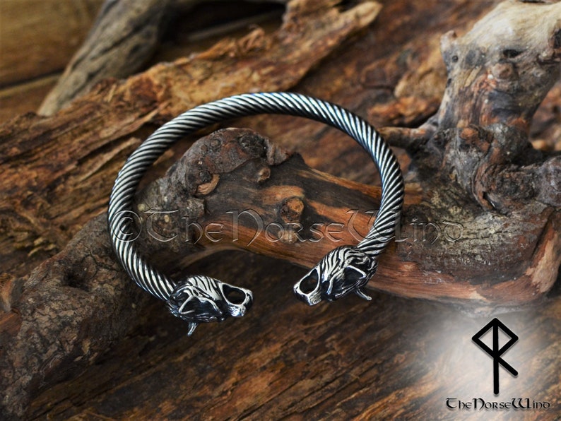 Viking Bracelet, Fenrir Wolf Head Arm Ring, Steel Viking Torque, Viking Wolf Torc, Norse Ragnar Bracelet, Norse Mythology, Viking Jewelry image 3