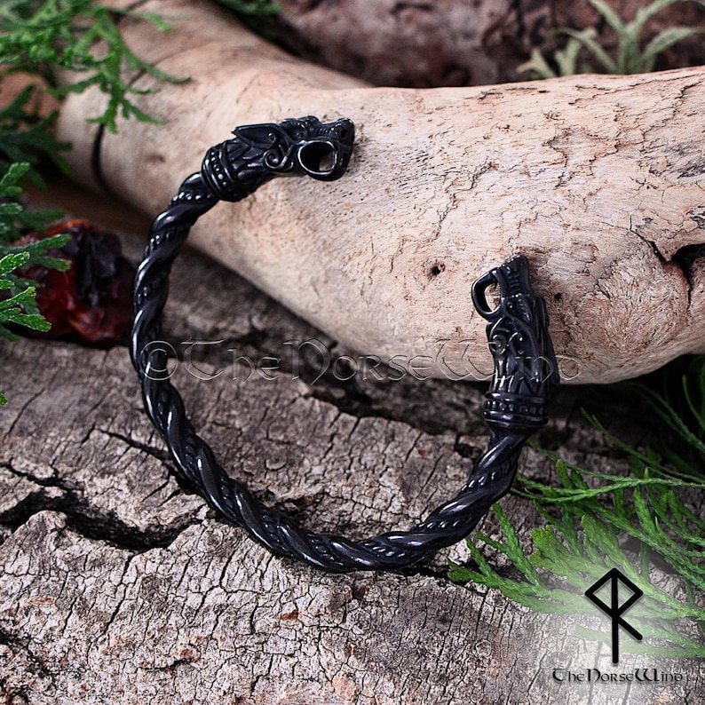 Torc Arm Rings Viking Bracelet, Black Wolf Head Torque - Stainless Steel Viking Arm ...