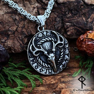 Viking Deer Necklace, Eikthyrnir Norse Stag Antlers Pendant with Futhark Runes, Stainless Steel Nordic Amulet, Norse Mythology Gift