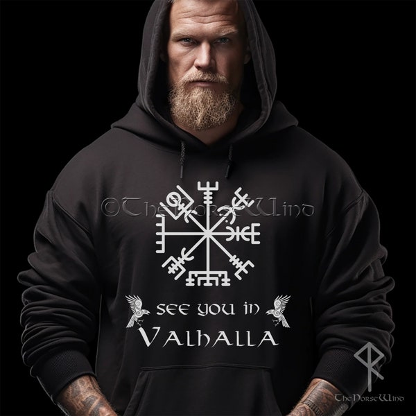 Viking Sweater Vegvisir Hoodie Viking Compass Sweatshirt, See You in Valhalla Unisex Hooded Pullover, Viking Clothing, Norse Mythology