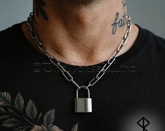 Punk Vorhängeschloss Halskette - Grunge Industrieller Schloss Anhänger, 316L Edelstahl Gothic Paperclip Kettenhalskette, Statement Herren Geschenk