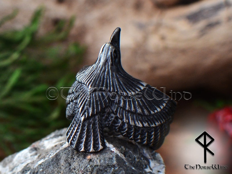 Viking Raven Ring, Flying Raven Black Steel Ring, Odin's Ravens Hugin and Munin Ring, Norse Mythology Viking Ring, Viking Jewelry