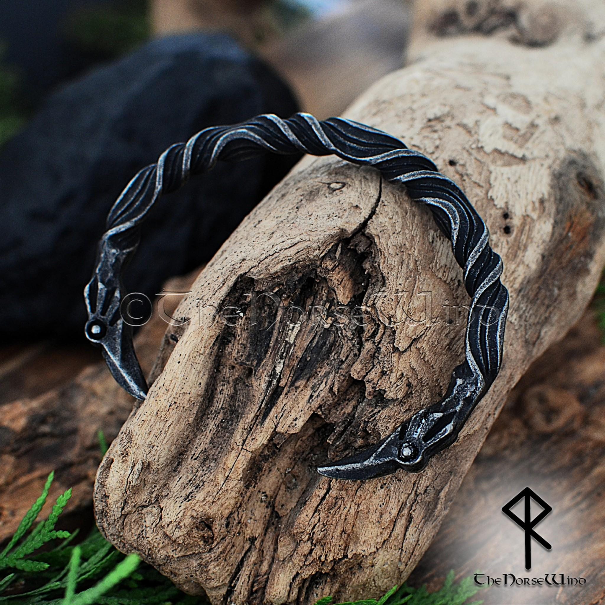 Viking Raven Bracelet – Hand Forged Norse Torc, Odin's Ravens