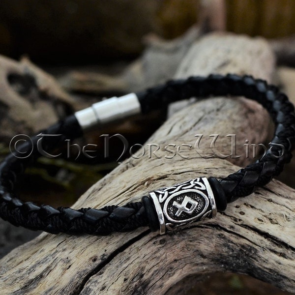 Personalized Viking Rune Bracelet Leather Wristband with Futhark Rune Bead in Your Choice, Viking Jewelry, Norse Runes Amulet, Asatru