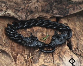 Fenrir Wolf Viking Chain Bracelet - Black Stainless Steel Cuban Link Men's Bracelet, Norse Wolf Head Amulet, Norse Mythology Gift for Him