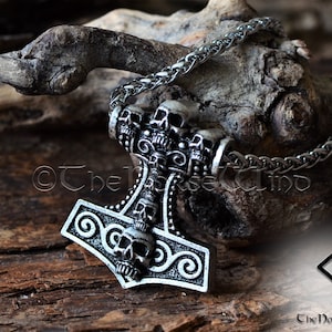 Viking Thor's Hammer Necklace, Norse Warriors Skull Mjolnir Pendant, Stainless Steel Men's Strength Amulet, Valhalla Viking Jewelry