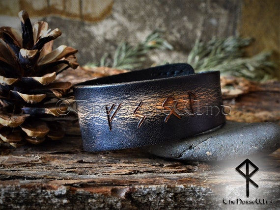 Custom Viking Bracelet Leather Wristband Name in Runes Leather