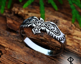 Viking Raven Ring | Celtic Knotwork Stainless Steel Norse Ring | Odin’s Ravens Huginn & Muninn | Viking Jewelry