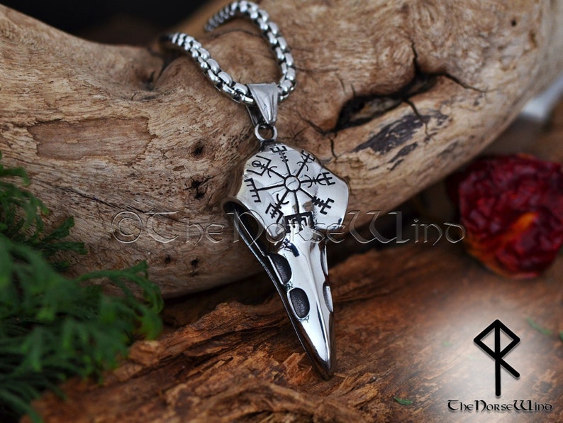 Viking Raven Skull Necklace with Vegvisir Symbol, Hugin and Munin Viking Compass Pendant, Stainless Steel Viking Jewelry, Norse Mythology