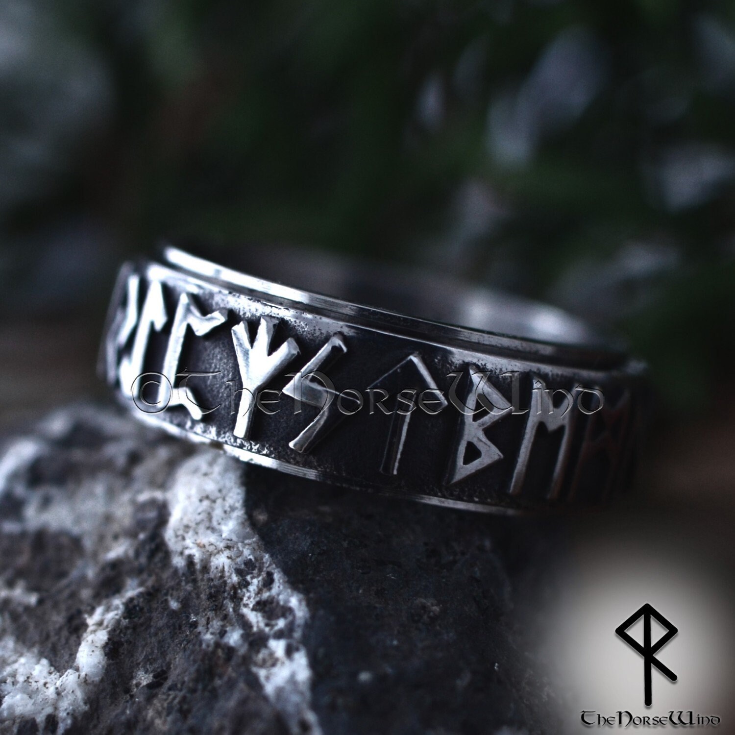 Viking Elder Futhark Runes Ring, Norse Runes 8mm Band Spinner Ring ...