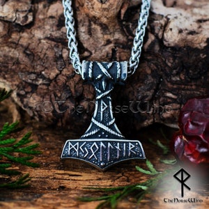 Viking Mjolnir Pendant, Thor&#39;s Hammer Necklace with Norse Runes, Men Viking Jewelry, Strength Amulet Norse Mythology Asatru