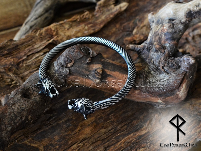 Viking Bracelet, Fenrir Wolf Head Arm Ring, Steel Viking Torque, Viking Wolf Torc, Norse Ragnar Bracelet, Norse Mythology, Viking Jewelry image 8