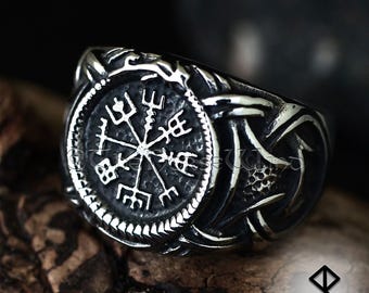 Vegvisir Viking Ring, Viking Compass Men's Ring with Celtic Knotwork, Solid Stainless Steel Viking Jewelry, Norse Mythology, Viking Gift