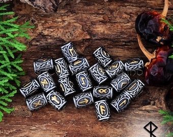 24 Viking Runes Beard Beads - Futhark Runes Hair Rings - Stainless Steel & 14K Gold - Norse Celtic Hair Beard Dreadlocks - Norse Mythology