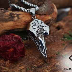 Viking Raven Skull Necklace with Vegvisir Symbol, Hugin and Munin Viking Compass Pendant, Stainless Steel Viking Jewelry, Norse Mythology