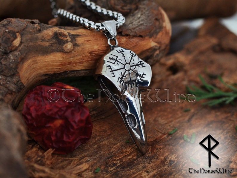 Viking Raven Skull Necklace with Vegvisir Symbol, Hugin and Munin Viking Compass Pendant, Stainless Steel Viking Jewelry, Norse Mythology