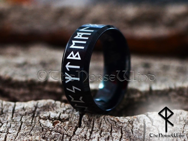 Viking Runes Ring, Norse Runes Circle Ring, Black Stainless Steel Ring ...