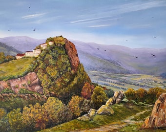 Original oil painting of a town in Spain. Oil landscape of distant mountains and flock of birds. Hand painted painting to decorate the home
