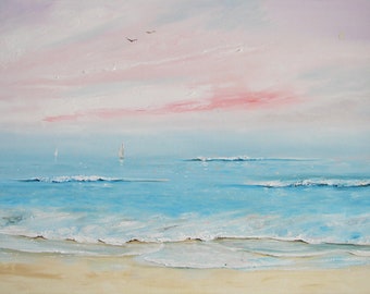 Original oil painting. This beautiful painting can be hung on any wall in the house. Landscape of the shore and beach at sunrise.