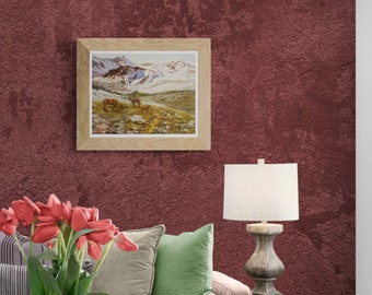 Snowy landscape oil painting, gift for horse lovers, horse oil painting, rural landscape oil painting of snowy mountains