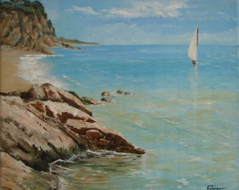 Picture of the Mediterranean coast. Oil painting on canvas. Original painting of a navy. The seashore between rocks. Seascape