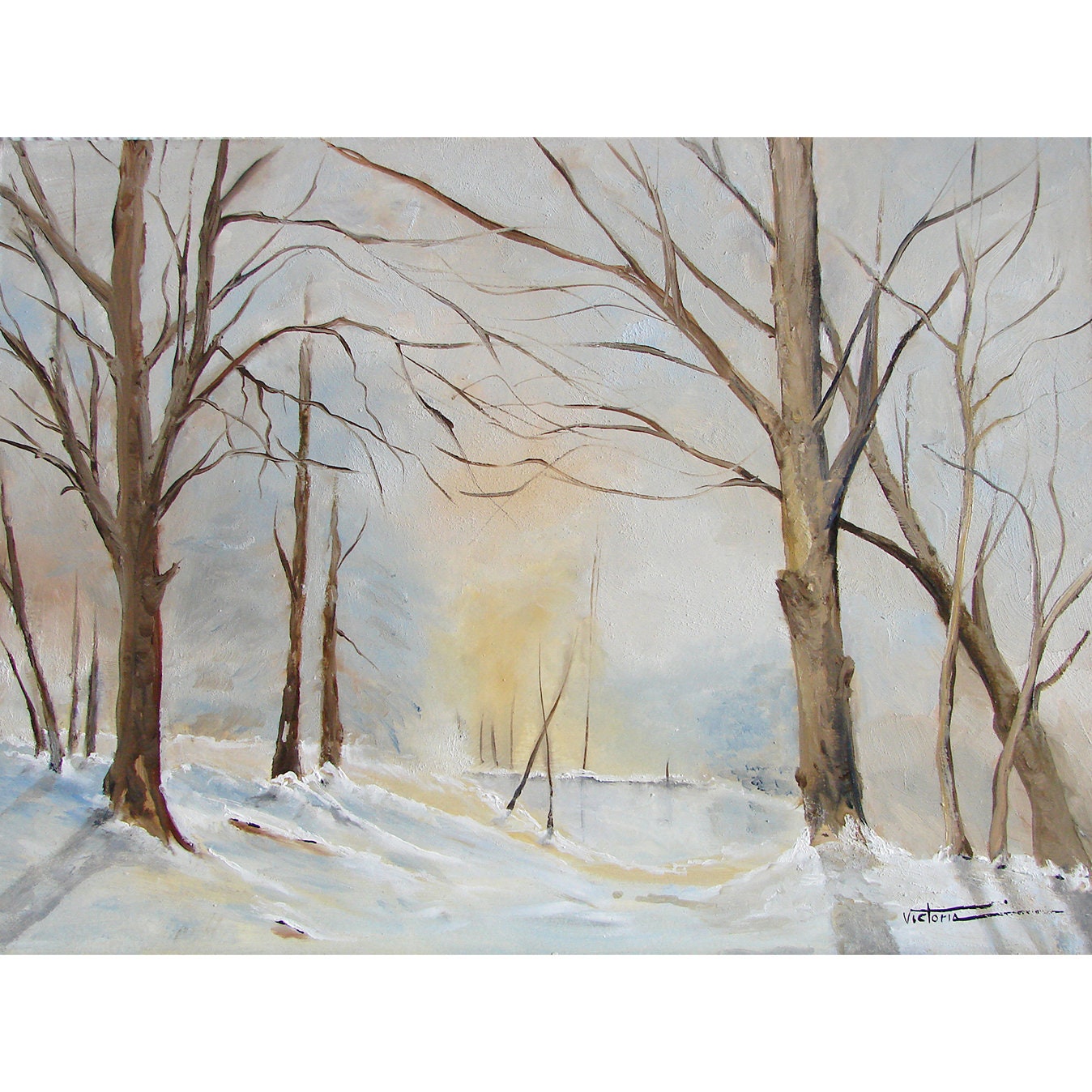 Oil painting of a snowy forest. Modern oil painting for decoration and inspiration in the home. Rural landscape of a snowy forest.