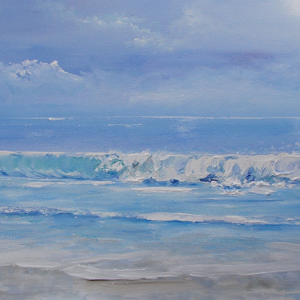 Decorative painting of the sea painted in oil. Seascape of the beach and sea waves. Original and unique painting for an exclusive decoration.