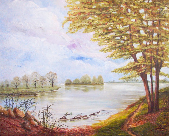 Pittura Ad Olio Con Colori Caldi Paesaggio Di Un Fiume E Di Etsy