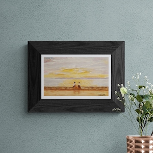 Original and unique oil painting of a couple and the beach. Sunset painting at sea, ideal oil painting to give as a gift or to decorate your room