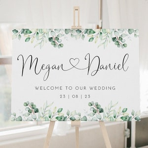 Personalised Eucalyptus Wedding Welcome Sign - Heart Names - Minimalist Simple Design - Digital or Printed Copy - A1, A2, A3 or A4