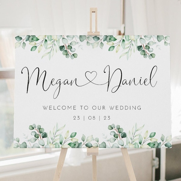 Personalised Eucalyptus Wedding Welcome Sign - Heart Names - Minimalist Simple Design - Digital or Printed Copy - A1, A2, A3 or A4