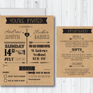 10 x Vintage Retro Wedding Invitation Sets en blanco o tarjeta Kraft