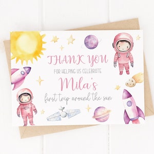 Erste Reise um die Sonne - Rosa Weltraum personalisierte Geburtstags-Dankeskarten - Space Girl, Raumschiff - Mit Umschlägen - 1. Geburtstag