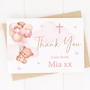 Tarjetas de agradecimiento personalizadas de oso rosa con globos - Bautizo, bautismo, cumpleaños, comunión, invitaciones para el día del nombramiento - Con sobres