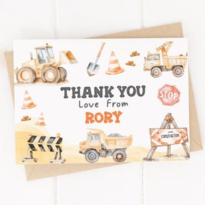 Cartões de agradecimento de aniversário personalizados em aquarela para veículos de construção - com envelopes
