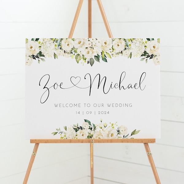 Personalised White Rose Wedding Welcome Sign - Heart Names - Minimalist Simple Design - Digital or Printed Copy - A1, A2, A3 or A4