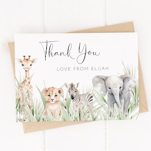 Bebês da selva personalizados - Cartões de agradecimento de animais de safári - Convites de batizado, batismo, comunhão, dia de nomeação - com envelopes