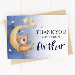 Oso Estrella Azul Personalizado - Tarjetas De Agradecimiento - Bautizo, Bautismo, Cumpleaños, Comunión, Invitaciones Del Día Del Nombre - Con Sobres