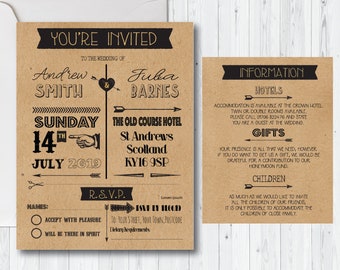 10 x Vintage Retro Wedding Invitation Sets in White or Kraft Card